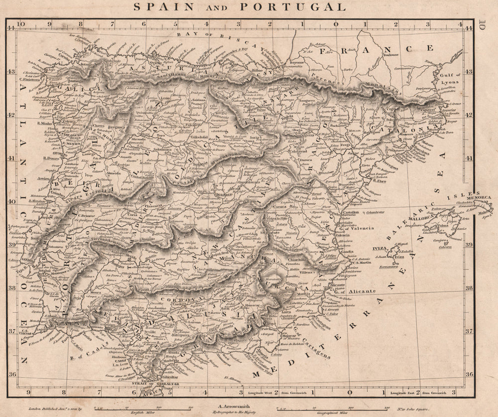 IBERIA. Spain and Portugal General map. ARROWSMITH 1828 old antique chart
