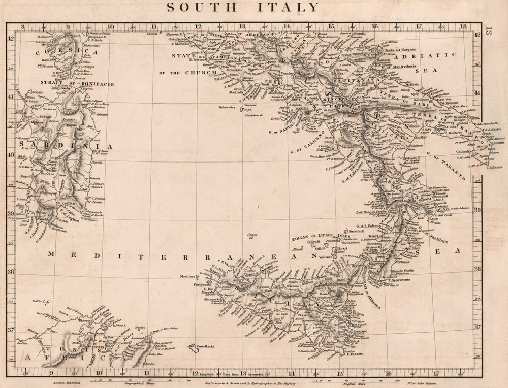 ITALY SOUTH. General map. Sardinia Sicily. ARROWSMITH 1828 old antique