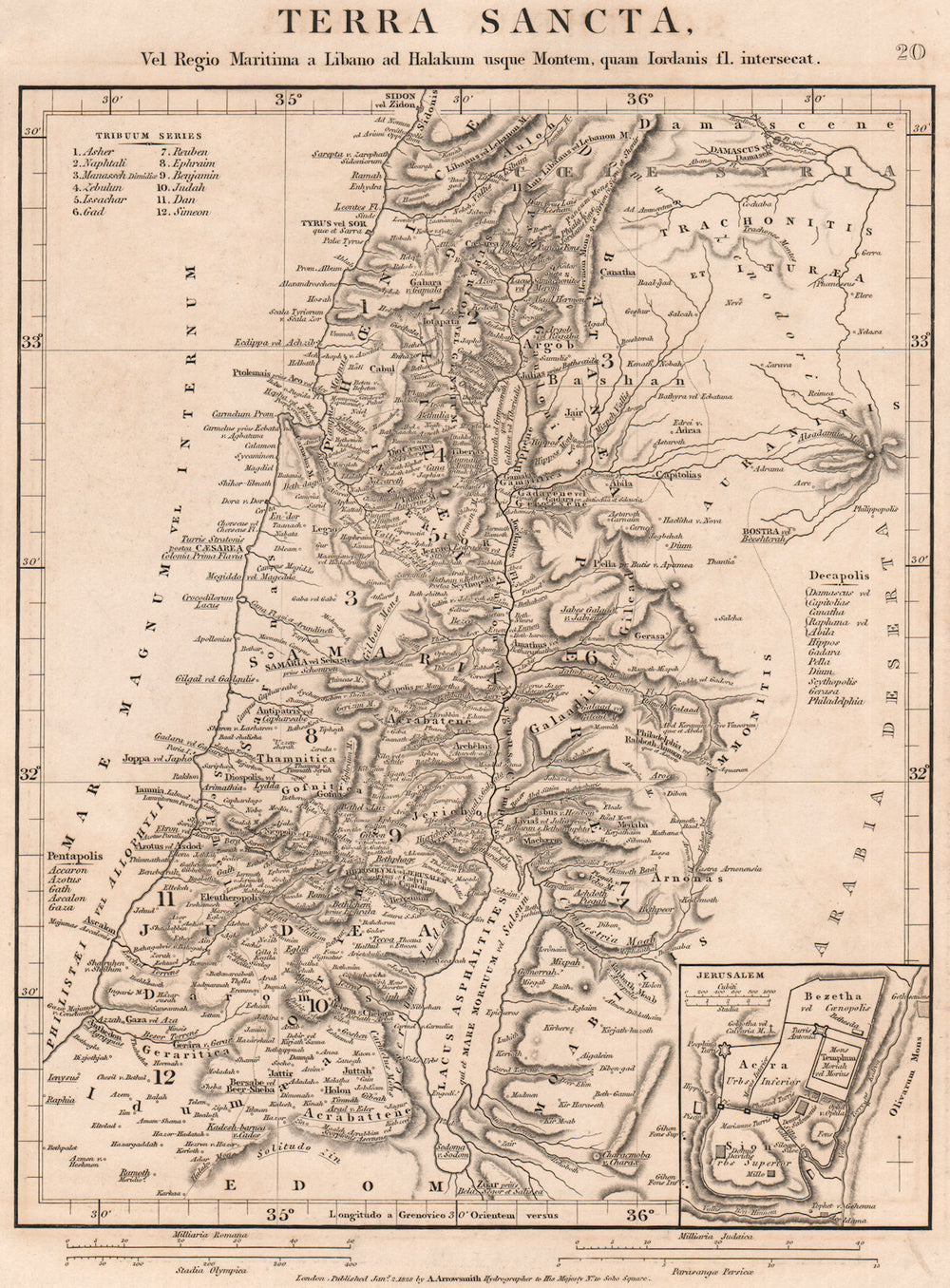 ANCIENT PALESTINE. Terra Sancta. Judaea Samaria. 12 tribes of Israel 1828 map