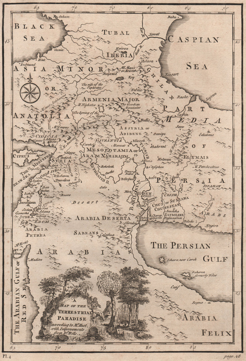 A MAP OF THE TERRESTRIAL PARADISE. Middle East. Bible. Eden. HINTON 1752