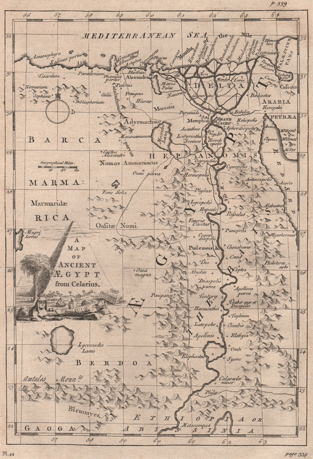 EGYPT."Ancient Aegypt from Celarius". Pyramid & Sphinx vignette 1752 old map