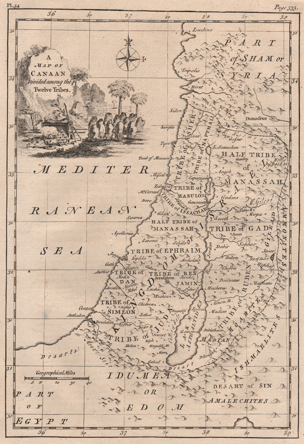 ANCIENT PALESTINE. A map of Canaan divided among the twelve tribes 1752