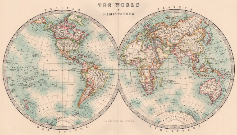 WORLD. The World in Twin Hemispheres. JOHNSTON 1906 old antique map plan chart