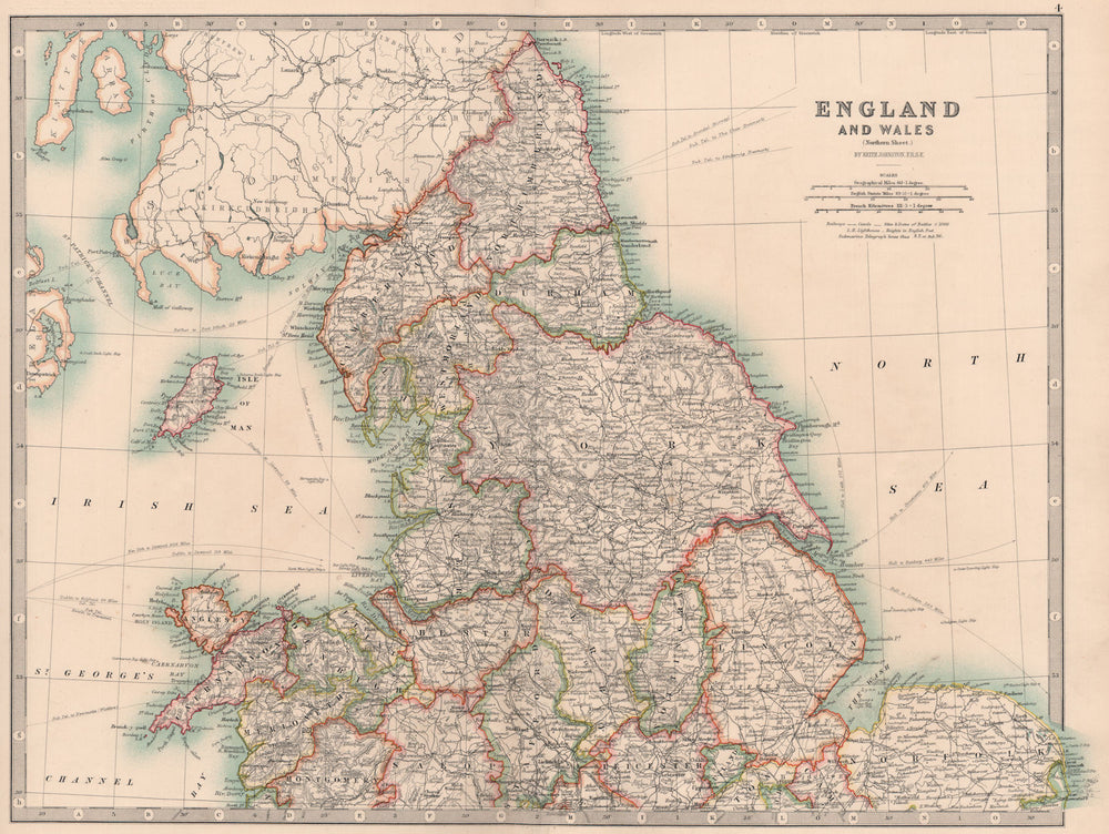 ENGLAND & WALES NORTH. Showing railways canals lightships. JOHNSTON 1906 map