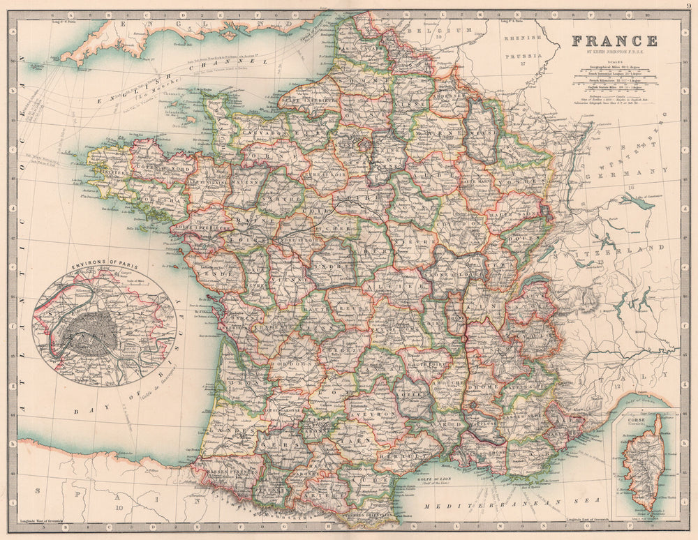 FRANCE. In departements. Railways canals. JOHNSTON 1906 old antique map chart