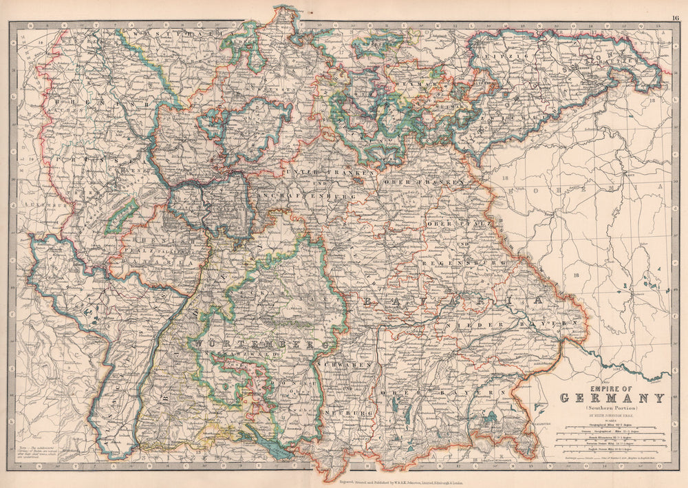 GERMAN EMPIRE SOUTH. Bavaria Baden Wurttemberg.Alsace/Lorraine.JOHNSTON 1906 map
