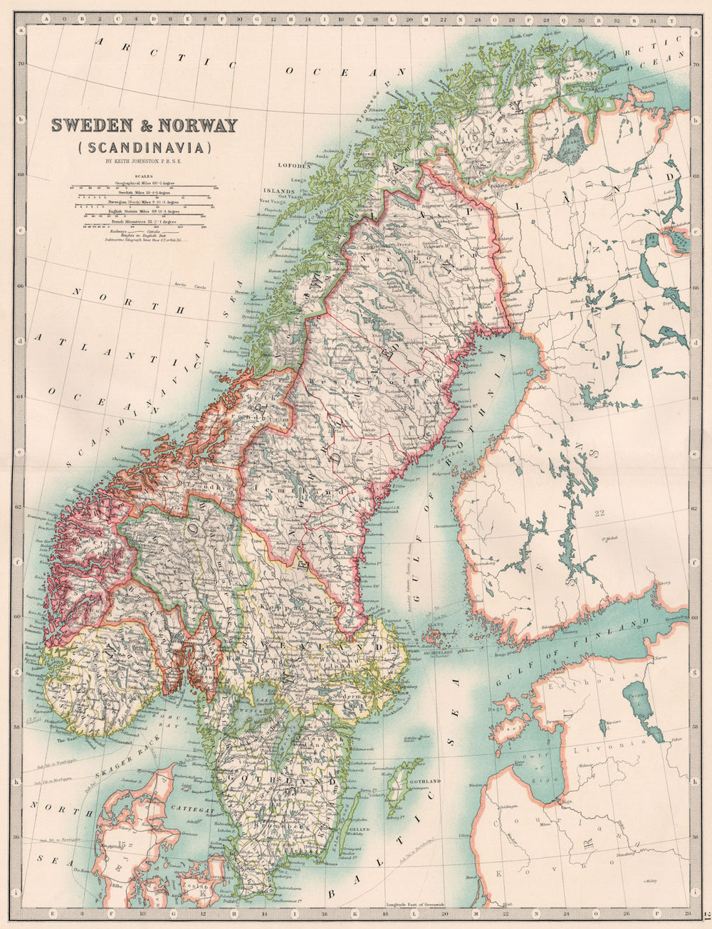 SCANDINAVIA. Sweden & Norway. Railways & Canals. JOHNSTON 1906 old antique map