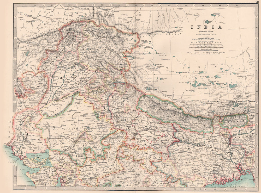 BRITISH INDIA NORTH. bengal Kashmir &c Railways. Bhutan Nepal. JOHNSTON 1906 map