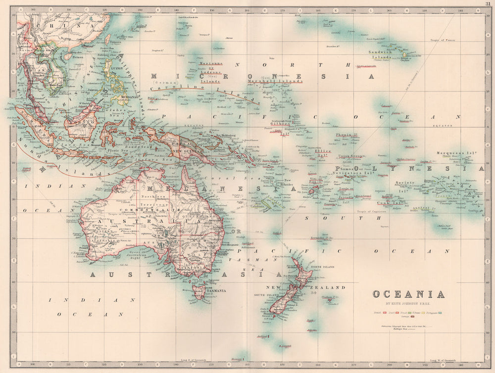 COLONIAL OCEANIA. Australasia Pacific British Dutch French US. JOHNSTON 1906 map