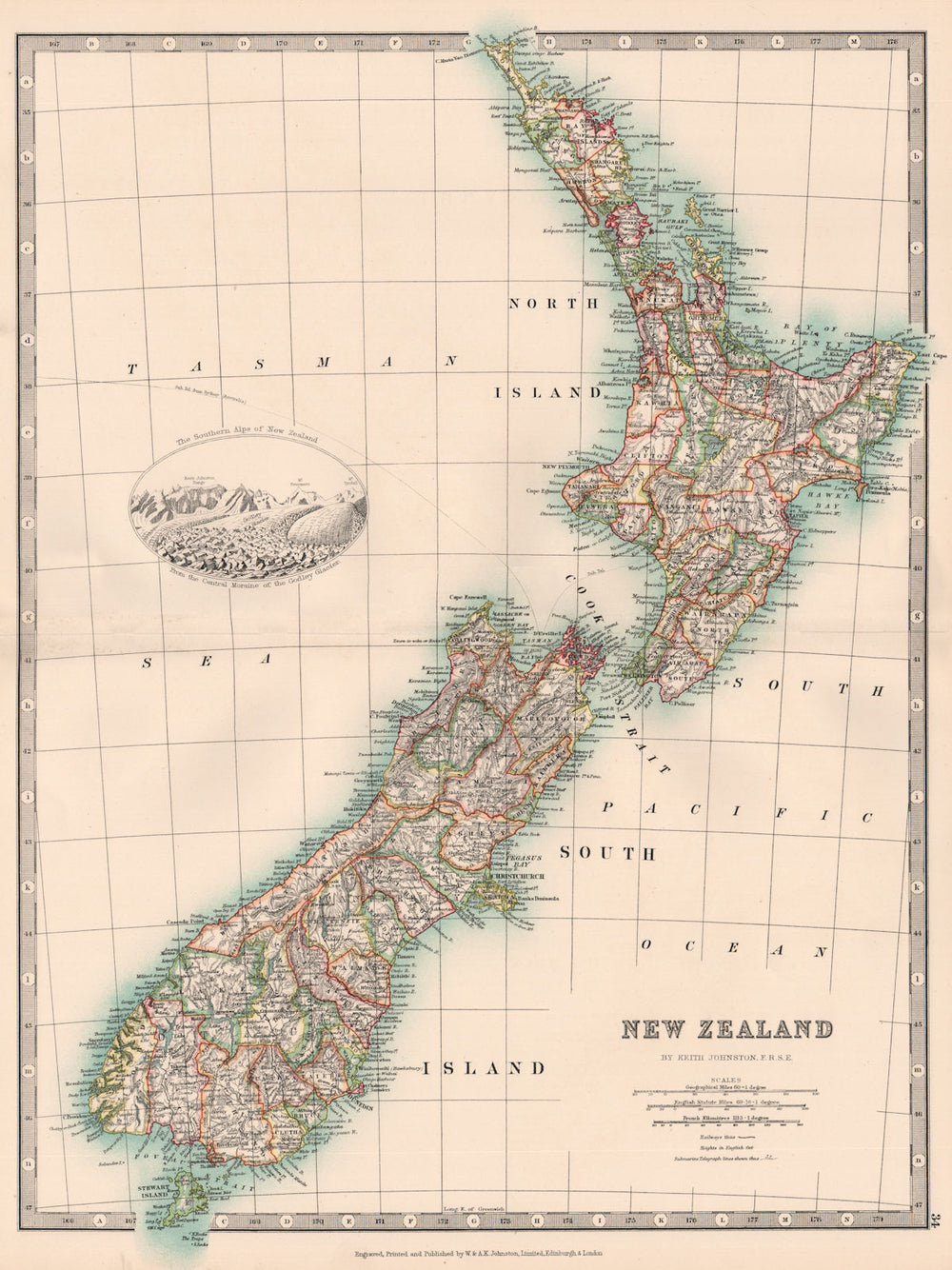 NEW ZEALAND. Southern Alps & Godley Glacier vignette. Counties.JOHNSTON 1906 map