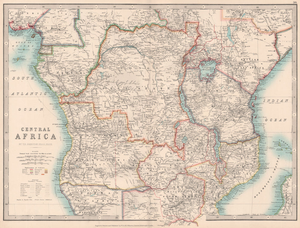 COLONIAL CENTRAL AFRICA. shows explorers routes & tribal names.JOHNSTON 1906 map