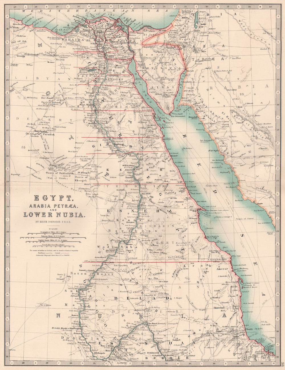 NILE VALLEY. Egypt, Arabia Petraea and Lower Nubia. Divisions. JOHNSTON 1906 map