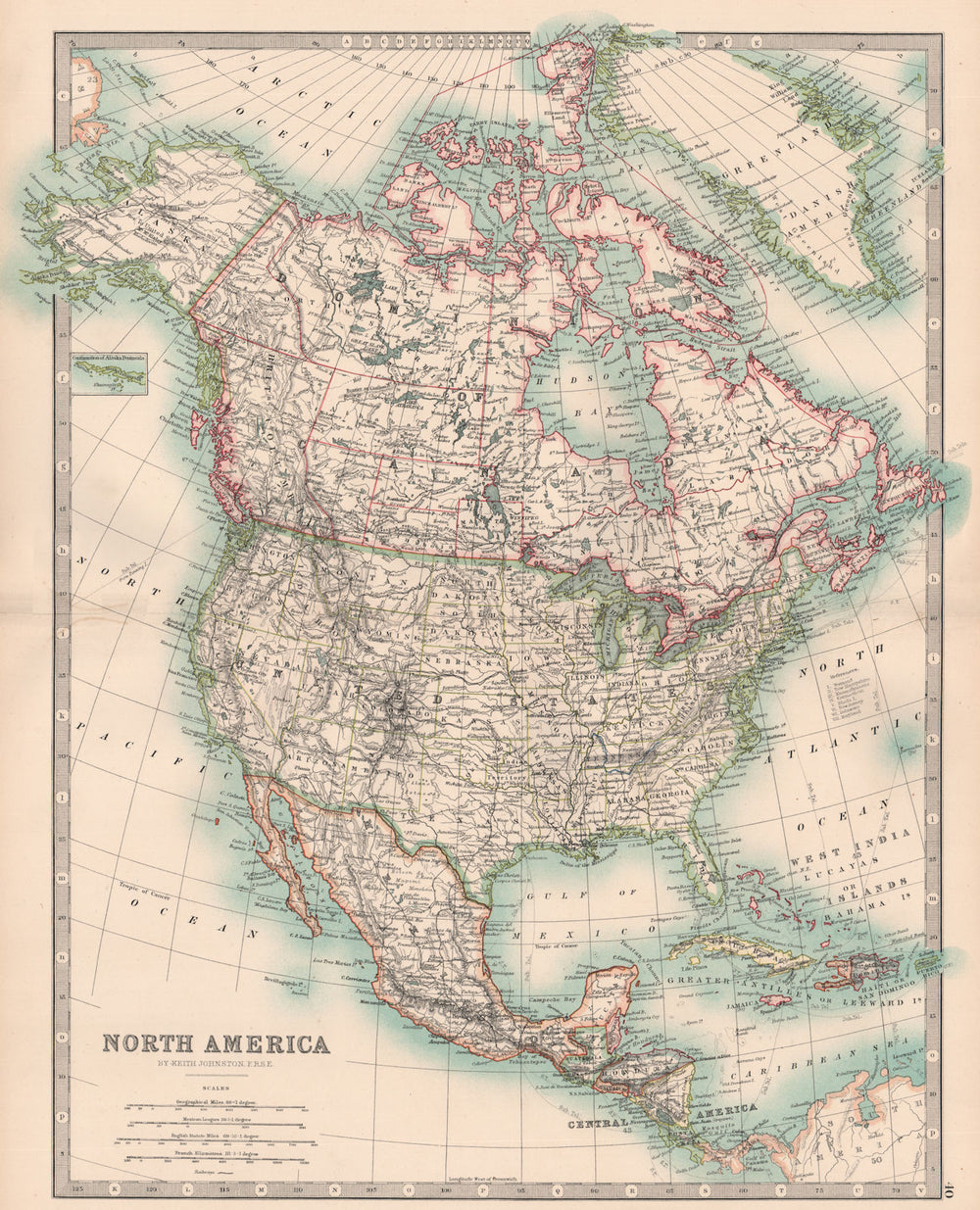 NORTH AMERICA. United States Canada Mexico Central America. JOHNSTON 1906 map