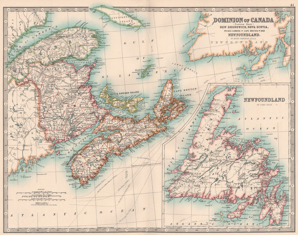 CANADA MARITIME PROVINCES. NB NS Prince Edward I. Newfoundland.JOHNSTON 1906 map