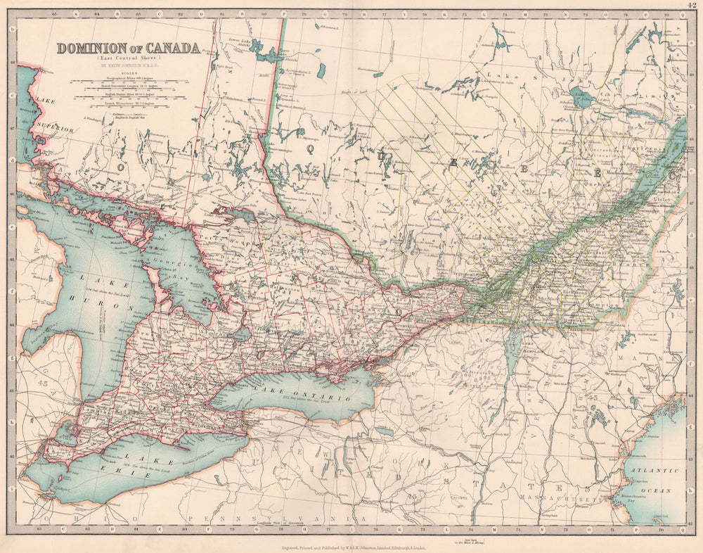 CANADA. Ontario & Quebec showing counties. JOHNSTON 1906 old antique map chart