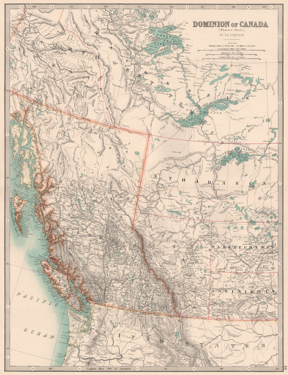 CANADA WEST. BC AB Athabasca SK Assiniboia Yukon Mackenzie. JOHNSTON 1906 map