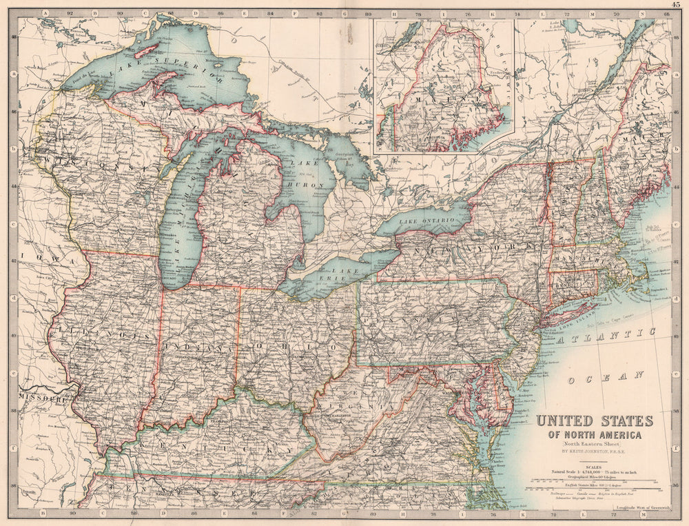 USA NORTH EAST. New England Mid West Mid Atlantic. JOHNSTON 1906 old map