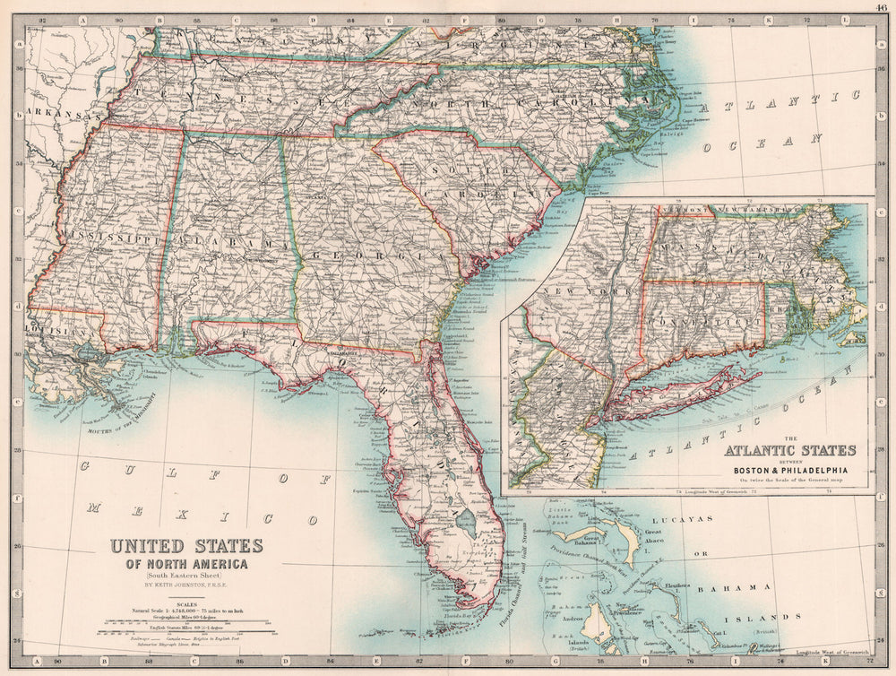 USA SOUTH EAST/ATLANTIC STATES. Carolinas Florida Georgia &c. JOHNSTON 1906 map