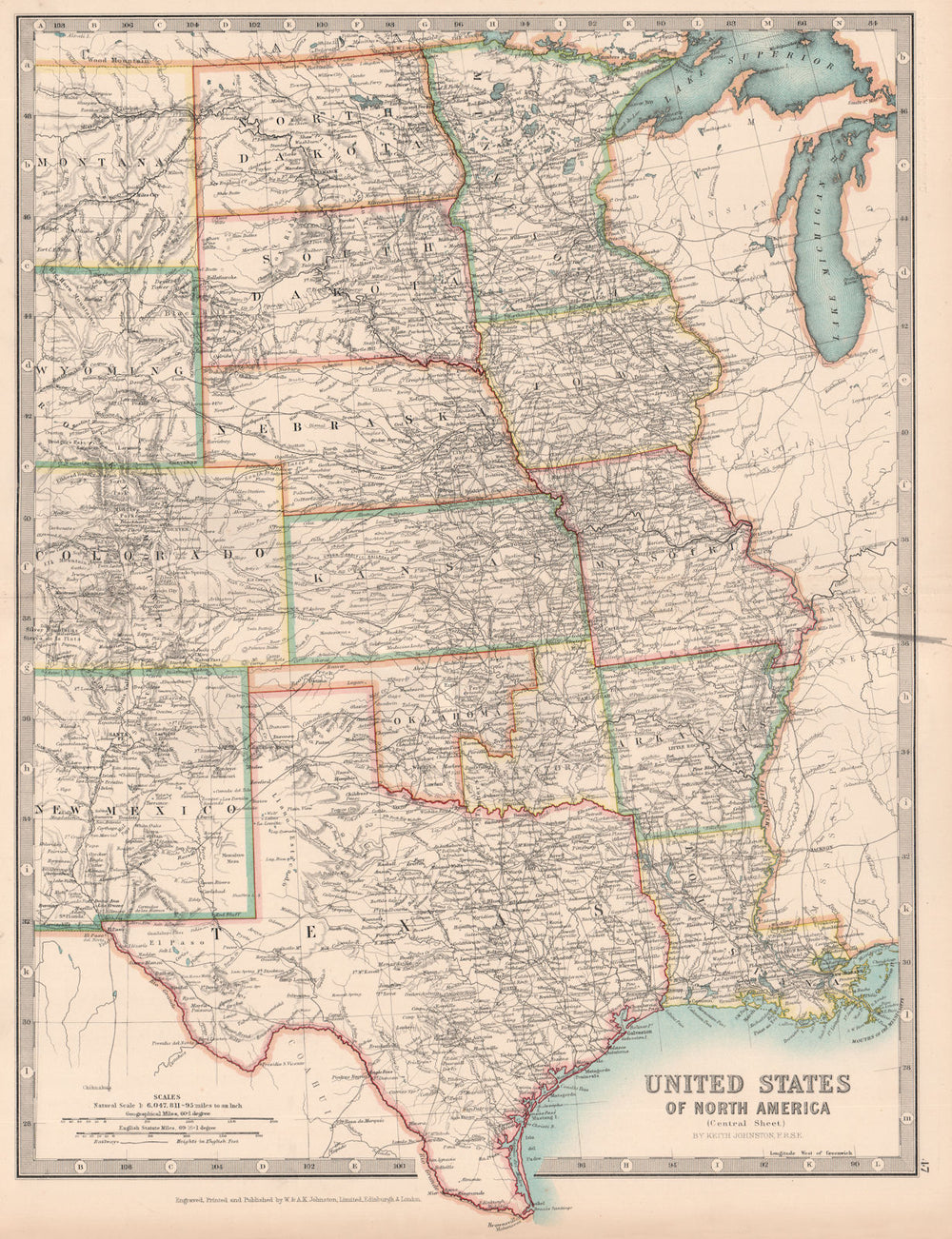 USA CENTRAL. Shows "Indian Territory" within Oklahoma. Texas. JOHNSTON 1906 map