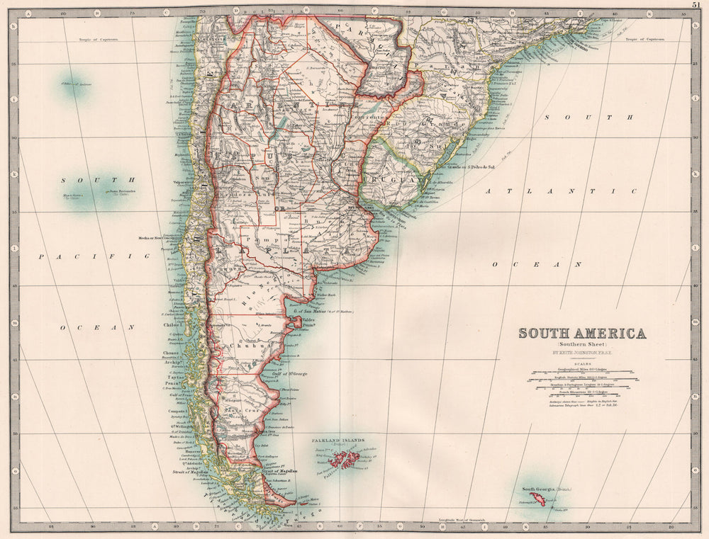 SOUTH AMERICA SOUTHERN. Chile Argentina Paraguay Uruguay. JOHNSTON 1906 map