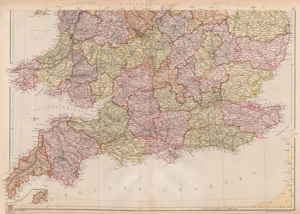 ENGLAND AND WALES SOUTH. Showing counties & railways. BLACKIE 1882 old map