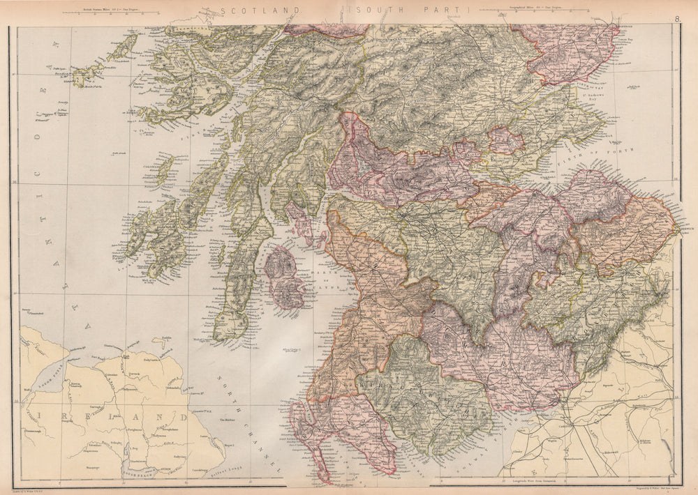 SCOTLAND SOUTH. Showing counties & railways. BLACKIE 1882 old antique map