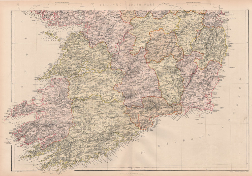 IRELAND SOUTH. Munster &c. Counties & railways. BLACKIE 1882 old antique map