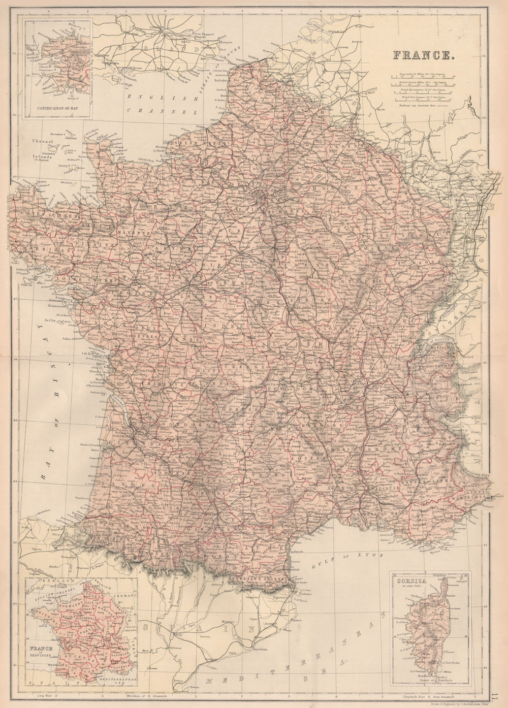 FRANCE. Departements. Railways. Inset in Provinces. BLACKIE 1882 old map