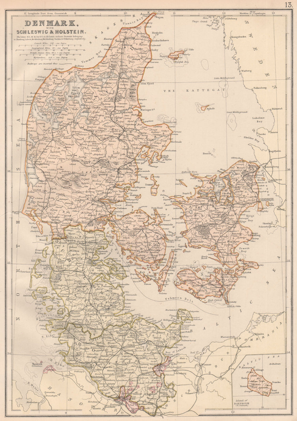 DENMARK SCHLESWIG & HOLSTEIN. Railways. Scale in Danish miles. BLACKIE 1882 map