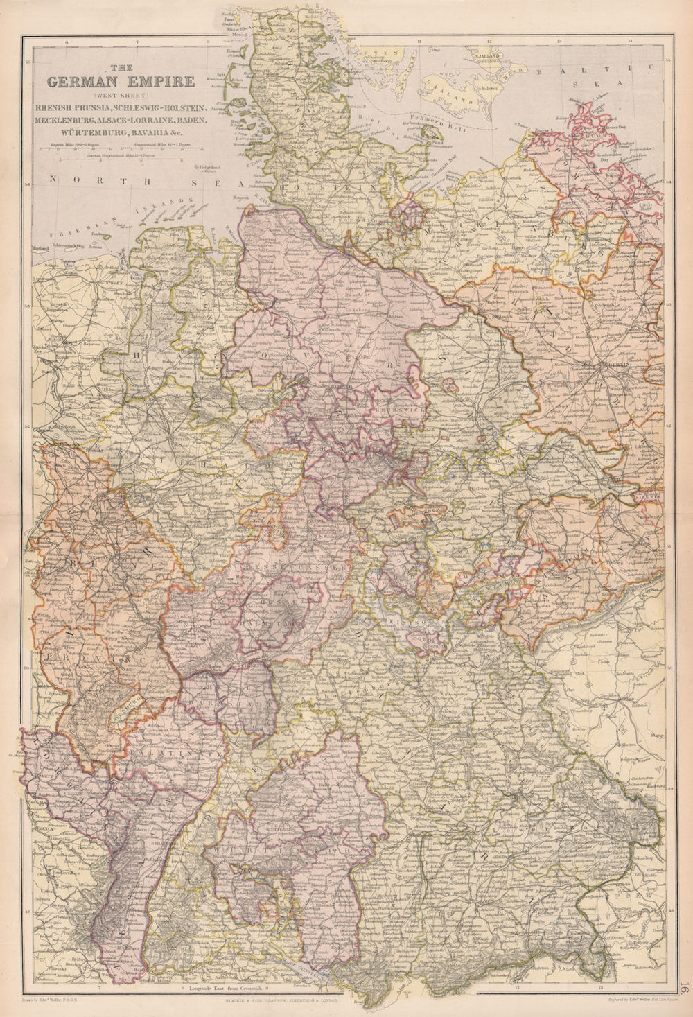 GERMAN EMPIRE WEST. Inc. Alsace-Lorraine. Rhenish Prussia Bavaria &c 1882 map