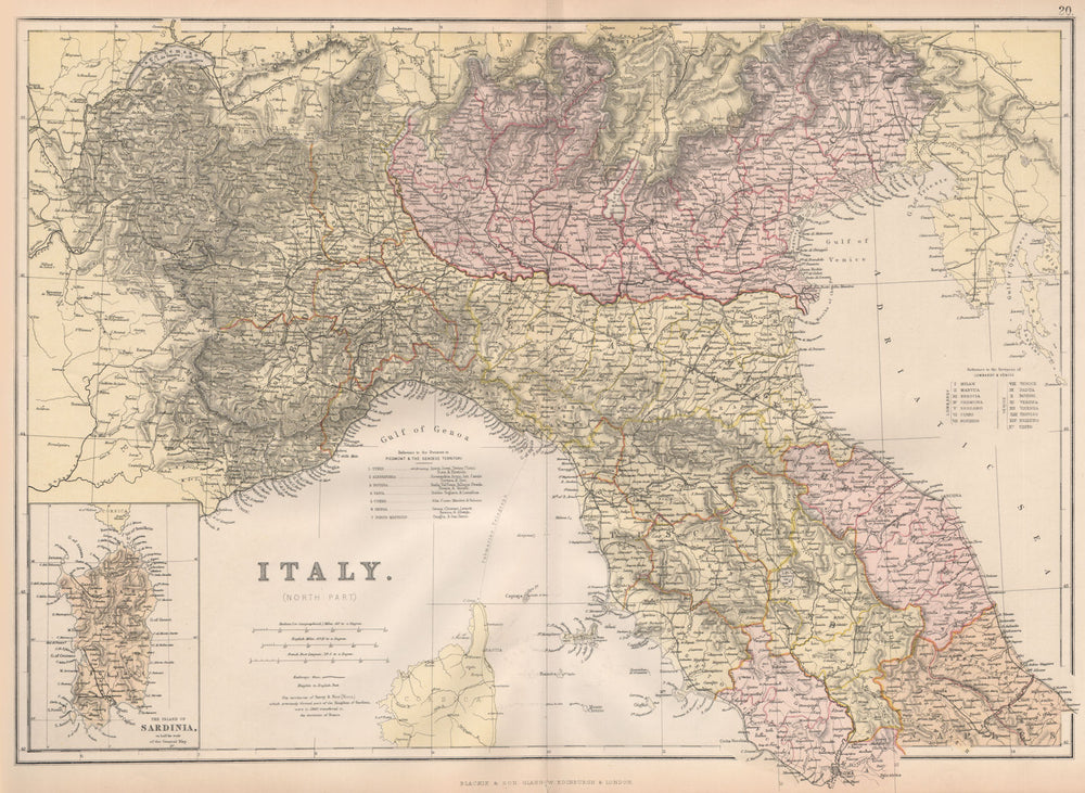ITALY NORTH. Showing provinces & railways. BLACKIE 1882 old antique map chart