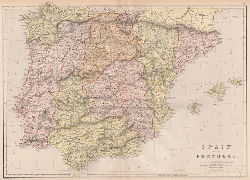 IBERIA. Spain Portugal Provinces.Scale in Spanish & Portuguese leagues 1882 map