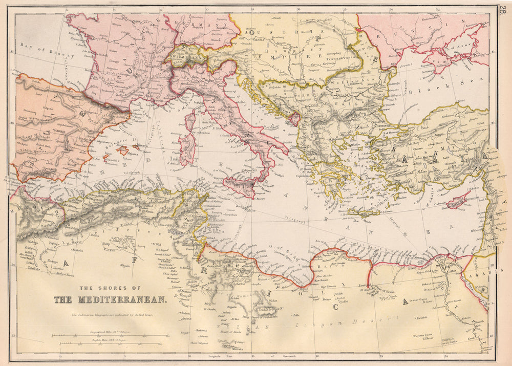 MEDITERRANEAN. Showing Telegraph cables. BLACKIE 1882 old antique map chart
