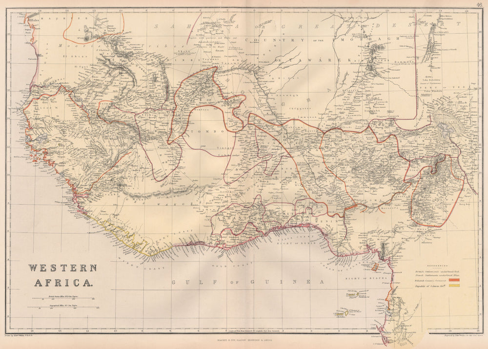 EARLY COLONIAL WEST AFRICA. Empires of Sokoto Gando Mas.Tribes.Fellatah 1882 map