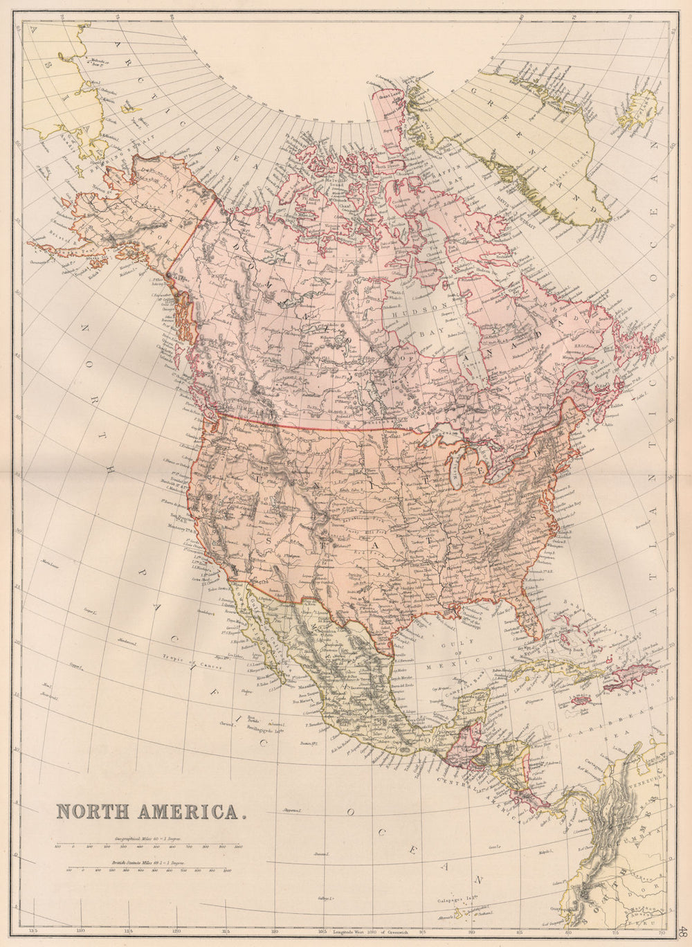 N AMERICA. USA Canada Caribbean. Shows "Mosquito reserva. ~. BLACKIE 1882 map