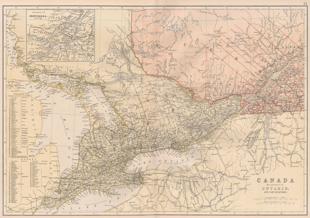 ONTARIO & QUEBEC. Shows counties. Montreal environs. Lake Huron.BLACKIE 1882 map