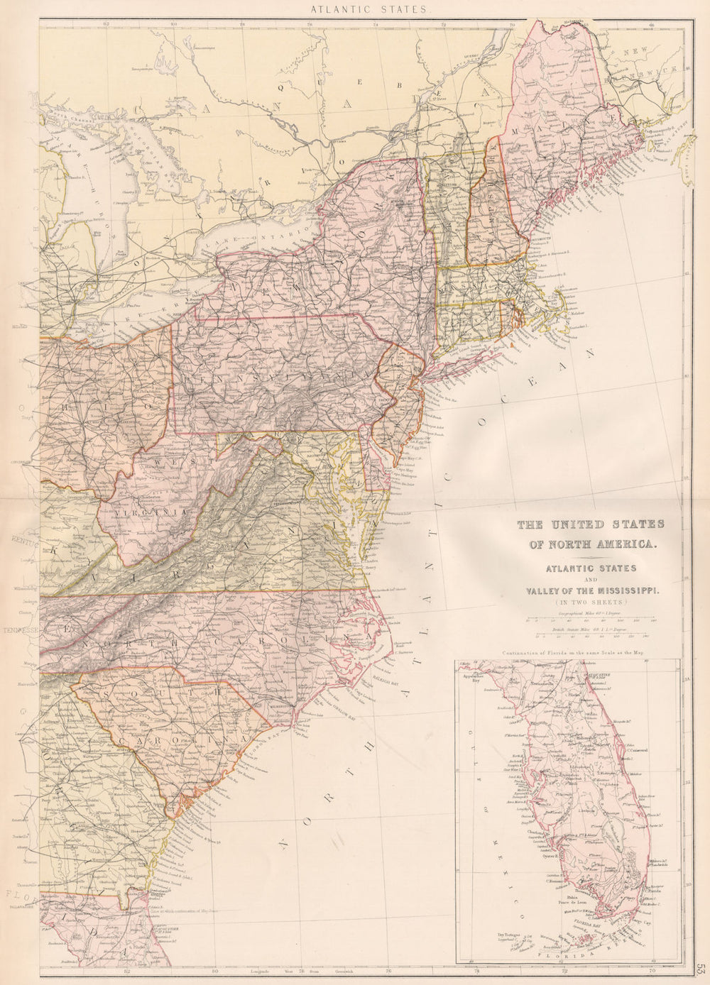 ATLANTIC STATES. New England Appalachians Carolinas Florida. Railroads 1882 map