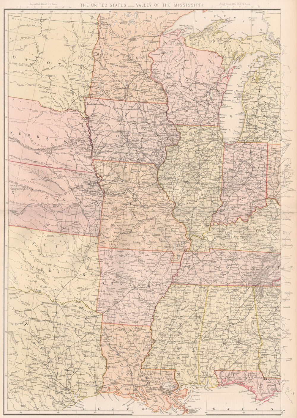 USA MISSISSIPPI VALLEY. LA AR Alabama Missouri Illinois Indiana IA WI 1882 map