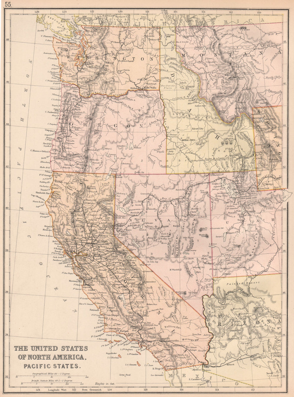 USA PACIFIC STATES. California Oregon Washington Idaho Nevada.Railroads 1882 map