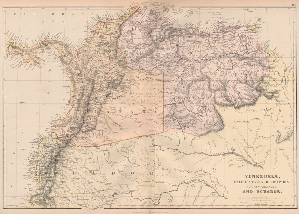 S AMERICA NW. Venezuela, New Granada(Colombia) w/Panama Ecuador.BLACKIE 1882 map