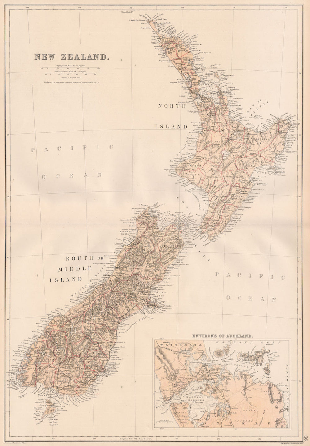 NEW ZEALAND. Counties & railways. Inset Auckland environs. BLACKIE 1882 map