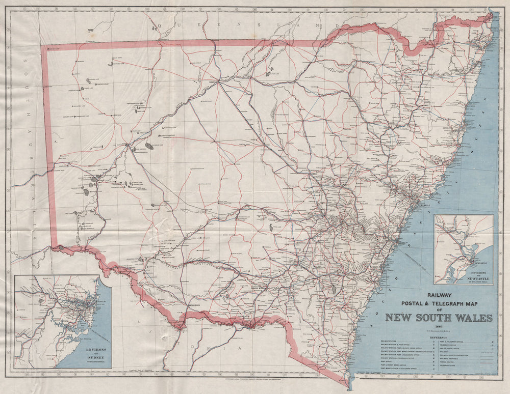 NEW SOUTH WALES. Railway Post Telegraph routes offices 1886. MACDONALD 1888 map