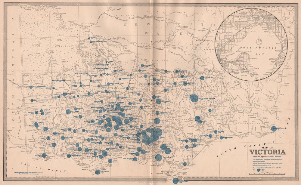 VICTORIA, AUSTRALIA. Average annual rainfall. Big. ELLERY/GARRAN 1888 old map