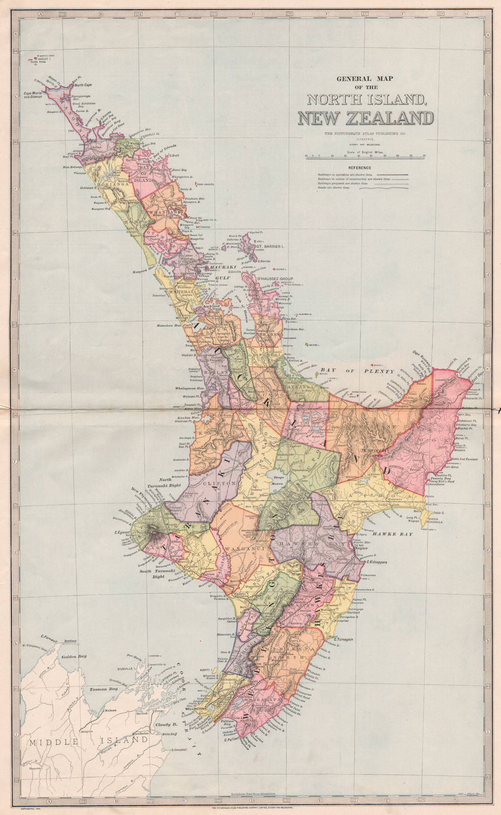 Large map of NORTH ISLAND, NEW ZEALAND showing counties. GARRAN 1888 old