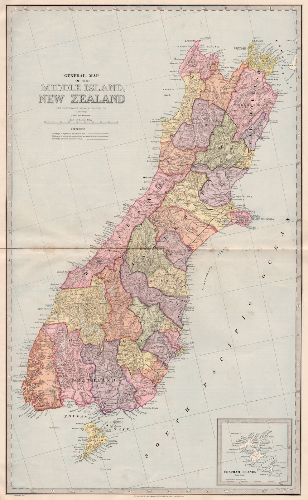 Large map of 'Middle Island New Zealand'. Chatham/SOUTH ISLAND. GARRAN 1888