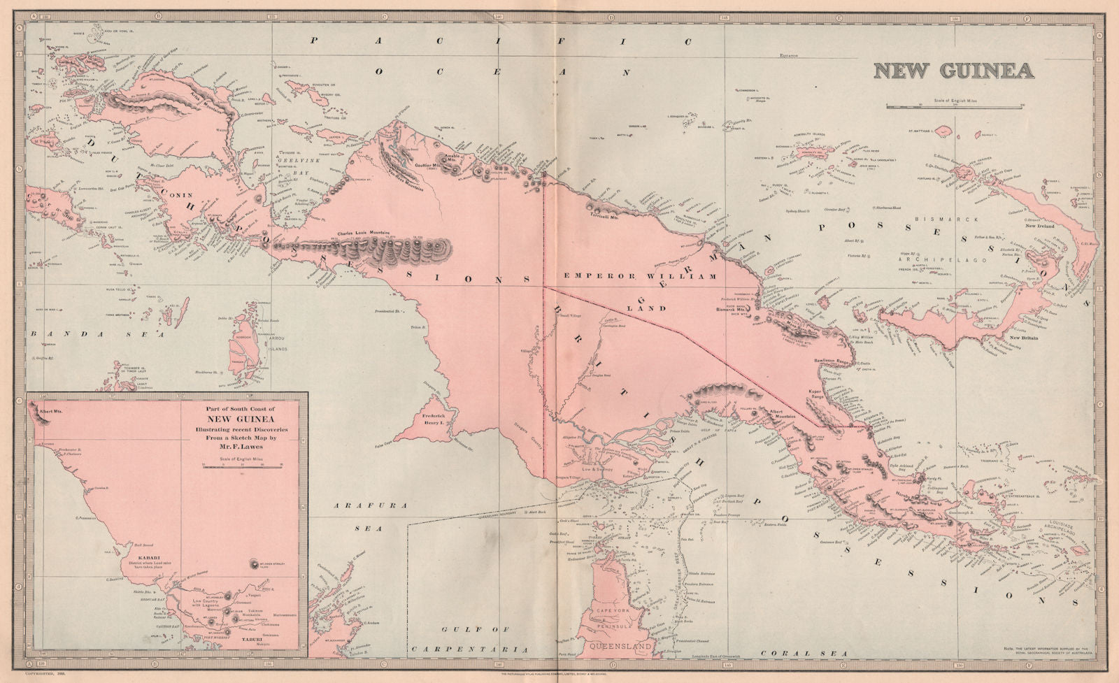 Large NEW GUINEA map reflecting 1885 RGSA/Lawes expedition for GARRAN ...