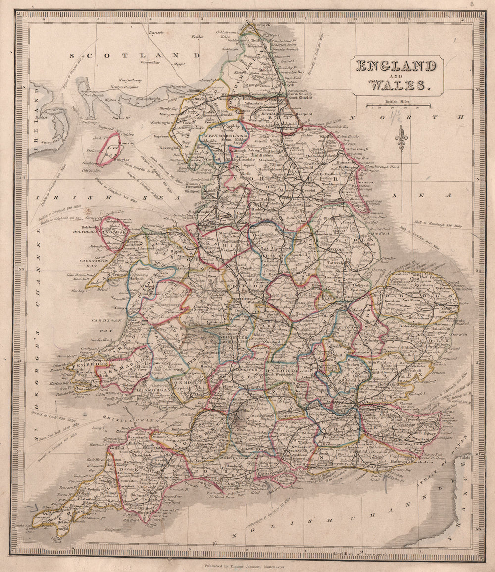 ENGLAND & WALES showing counties & railways. Original colour. JOHNSON 1850 map