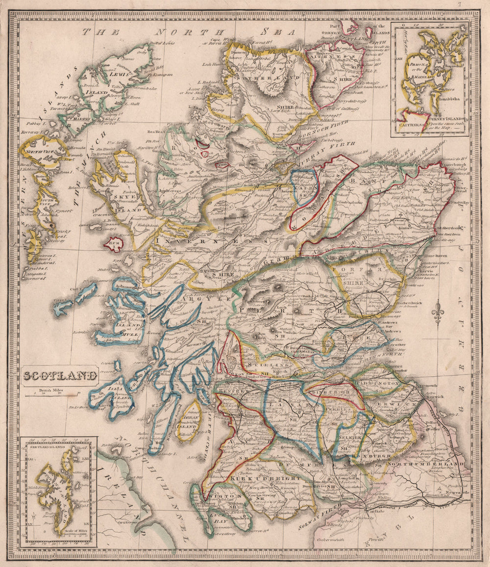 SCOTLAND showing counties & railways. Original outline colour. JOHNSON 1850 map
