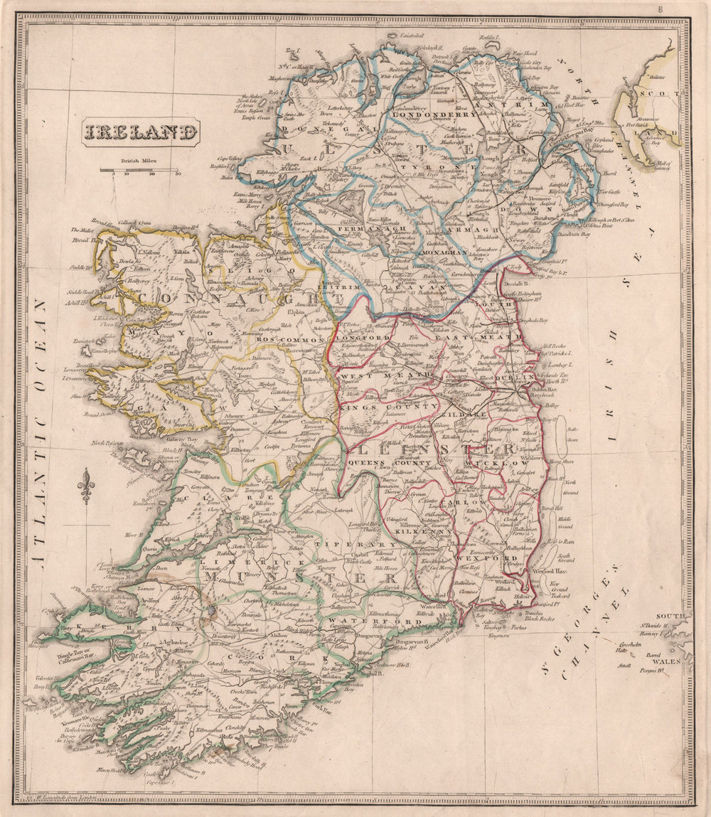 IRELAND w/ provinces counties canals. Original outline colour. JOHNSON 1850 map