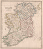 IRELAND w/ provinces counties canals. Original outline colour. JOHNSON 1850 map